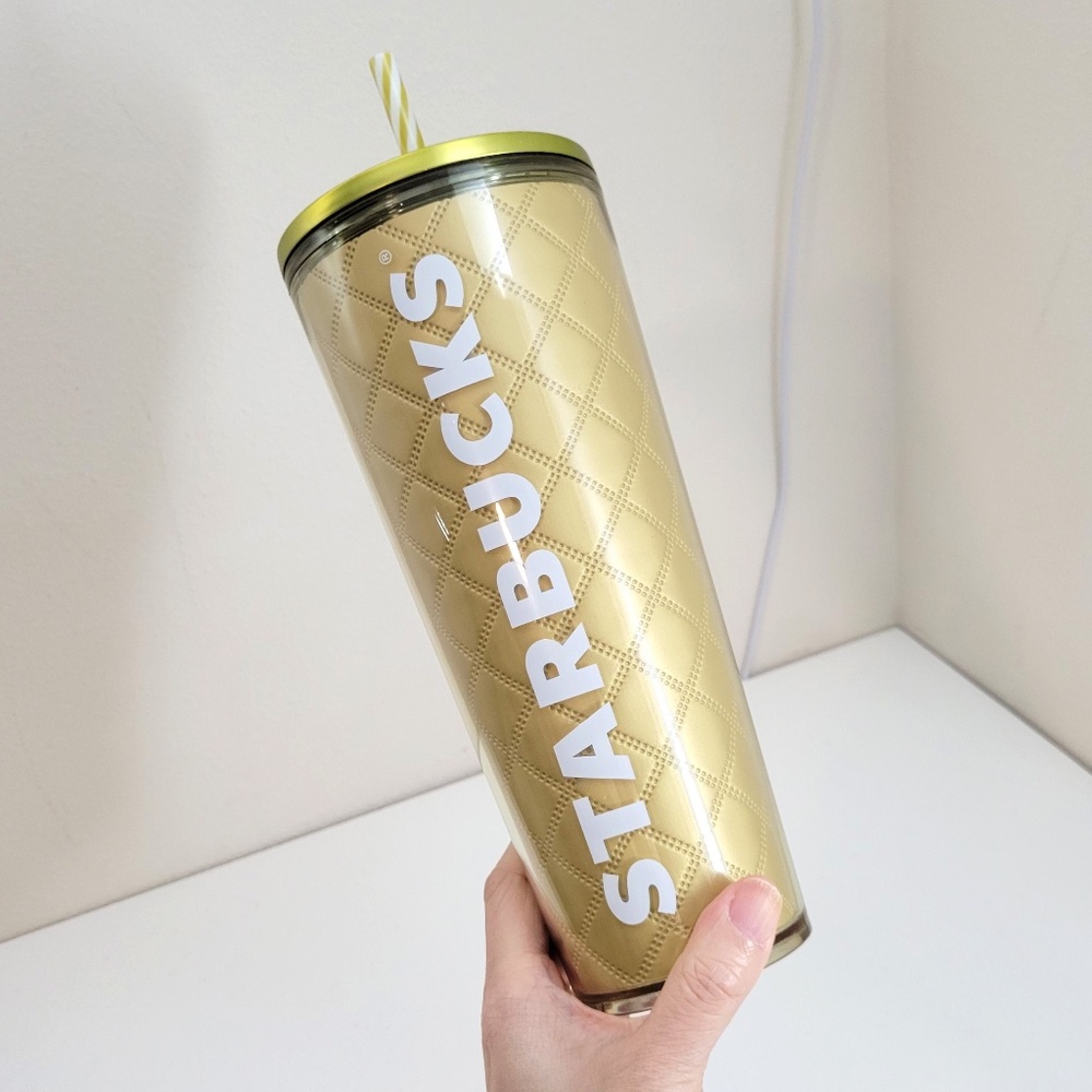 Starbucks Holiday Christmas Gold Metallic Quilted Tumbler 24oz Venti Cup